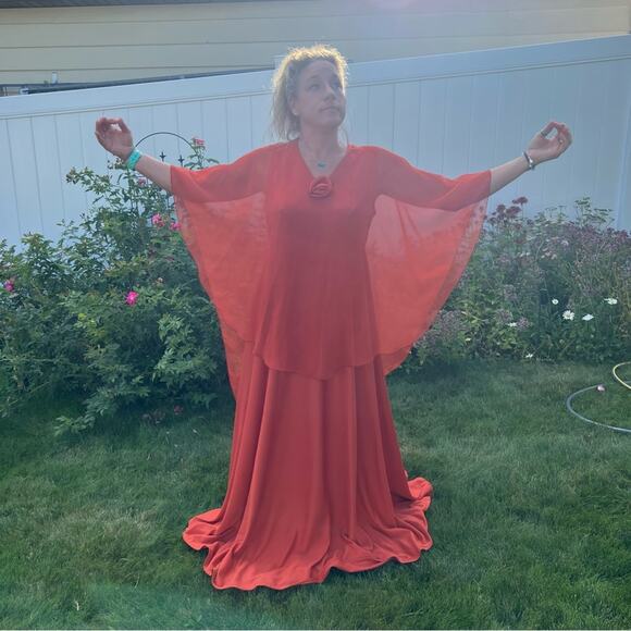 60s 70s Double Knit Poly pumpkin spice orange tank dress w/ sheer illusion cape - Picture 6 of 6